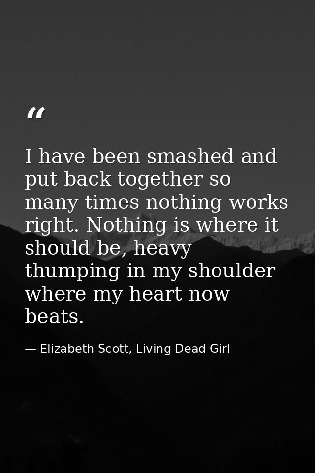 I have been smashed and put back together so many times nothing works right. Nothing is where it should be, heavy thumpi — Elizabeth Scott, Living Dead Girl