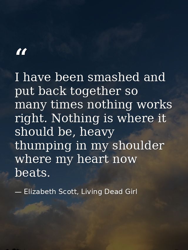 I have been smashed and put back together so many times nothing works right. Nothing is where it should be, heavy thumpi — Elizabeth Scott, Living Dead Girl