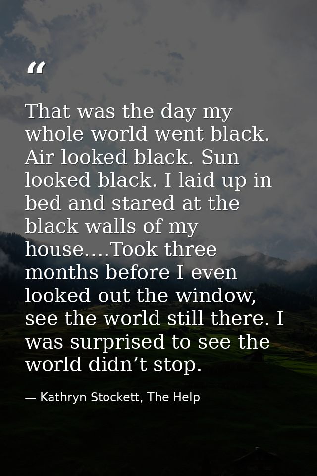 That was the day my whole world went black. Air looked black. Sun looked black. I laid up in bed and stared at the black — Kathryn Stockett, The Help