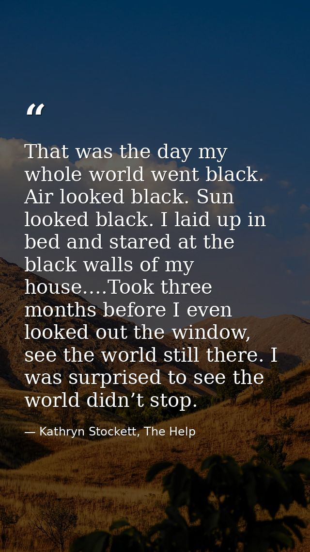 That was the day my whole world went black. Air looked black. Sun looked black. I laid up in bed and stared at the black — Kathryn Stockett, The Help