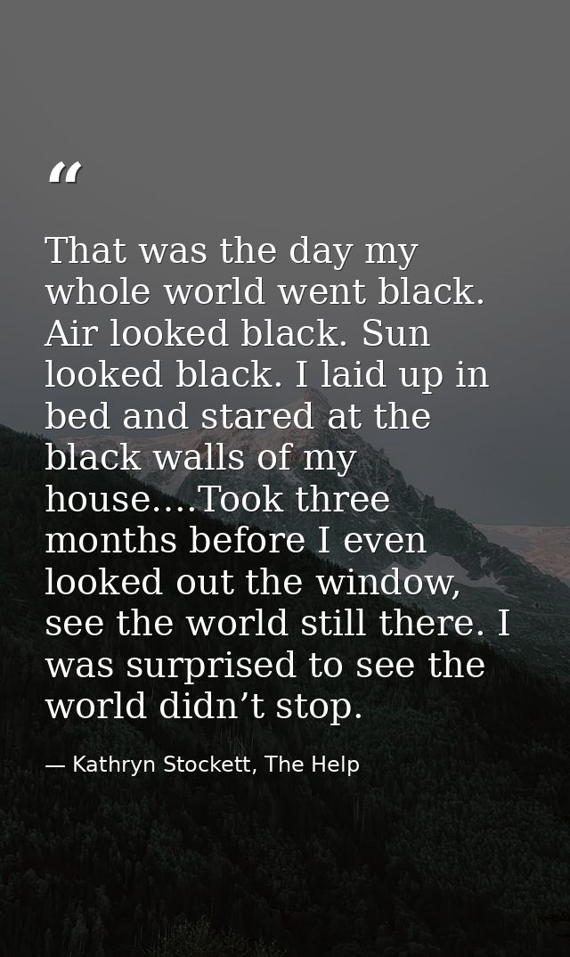 That was the day my whole world went black. Air looked black. Sun looked black. I laid up in bed and stared at the black — Kathryn Stockett, The Help
