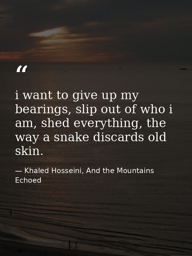 i want to give up my bearings, slip out of who i am, shed everything, the way a snake discards old skin. — Khaled Hosseini, And the Mountains Echoed