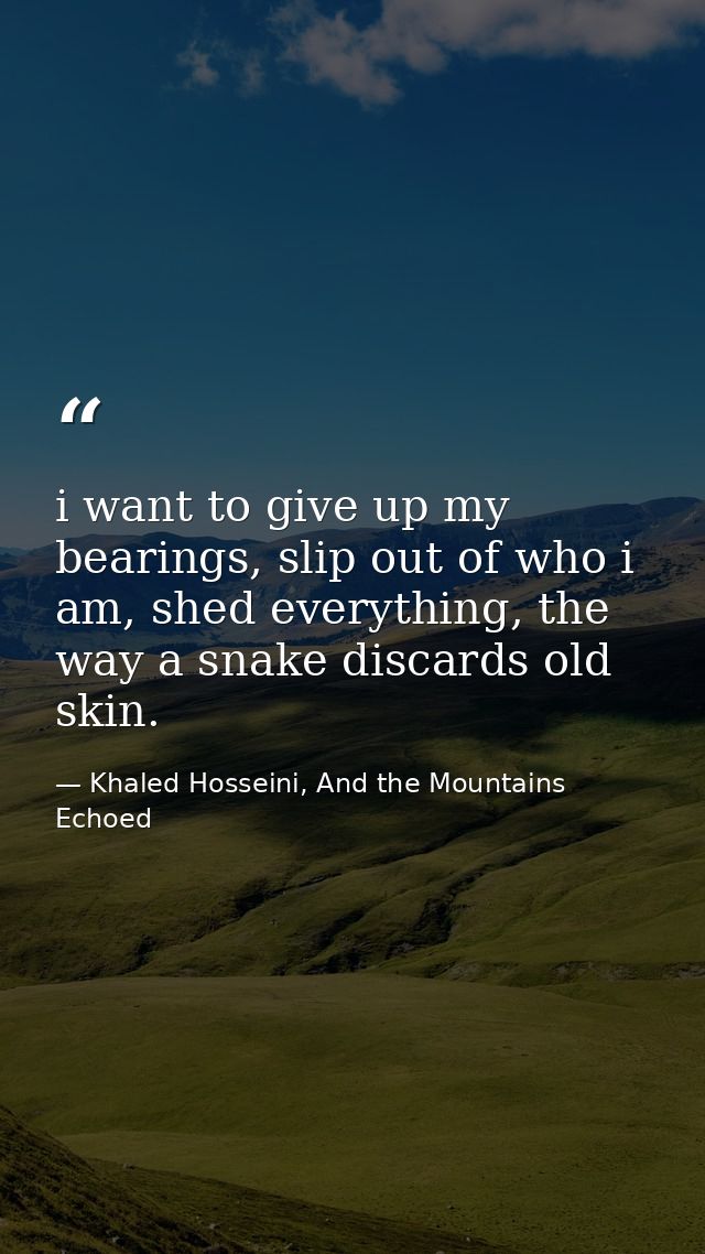 i want to give up my bearings, slip out of who i am, shed everything, the way a snake discards old skin. — Khaled Hosseini, And the Mountains Echoed