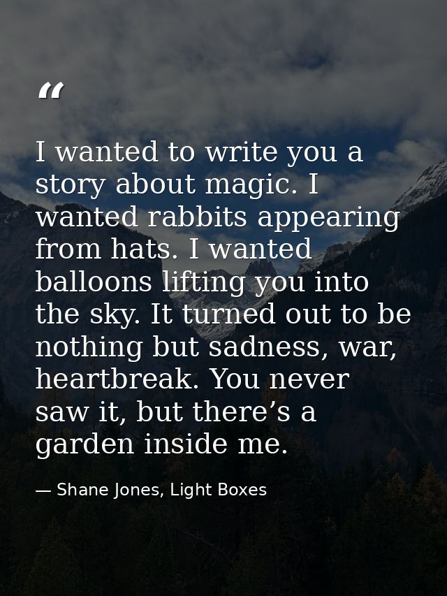 I wanted to write you a story about magic. I wanted rabbits appearing from hats. I wanted balloons lifting you into the  — Shane Jones, Light Boxes