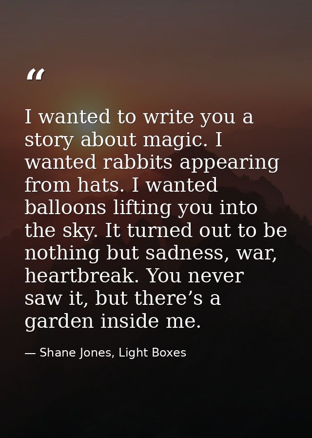 I wanted to write you a story about magic. I wanted rabbits appearing from hats. I wanted balloons lifting you into the  — Shane Jones, Light Boxes