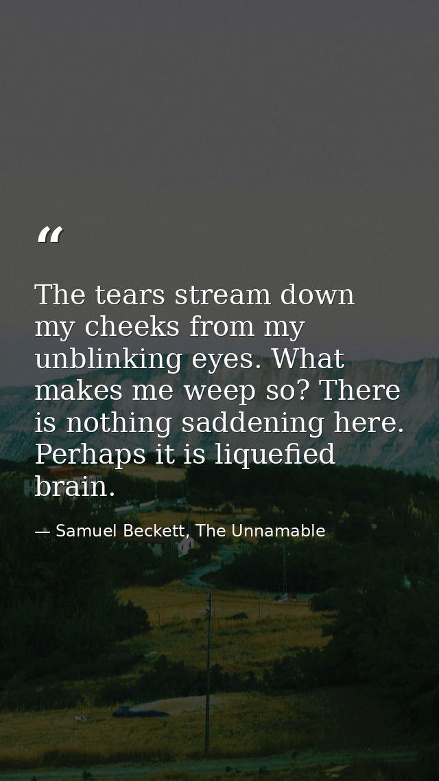 The tears stream down my cheeks from my unblinking eyes. What makes me weep so? There is nothing saddening here. Perhaps — Samuel Beckett, The Unnamable