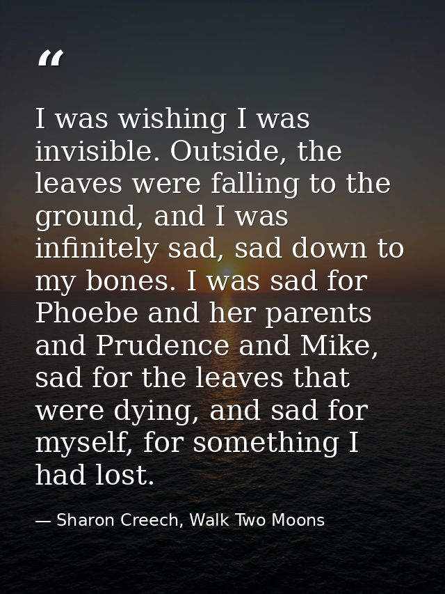 I was wishing I was invisible. Outside, the leaves were falling to the ground, and I was infinitely sad, sad down to my  — Sharon Creech, Walk Two Moons