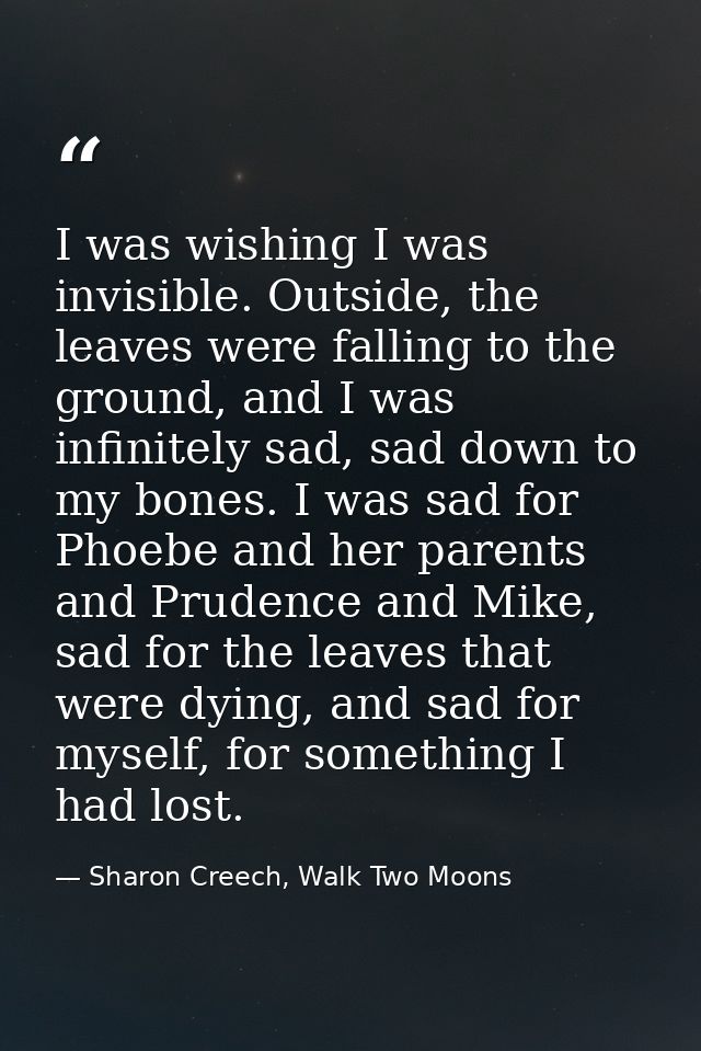 I was wishing I was invisible. Outside, the leaves were falling to the ground, and I was infinitely sad, sad down to my  — Sharon Creech, Walk Two Moons