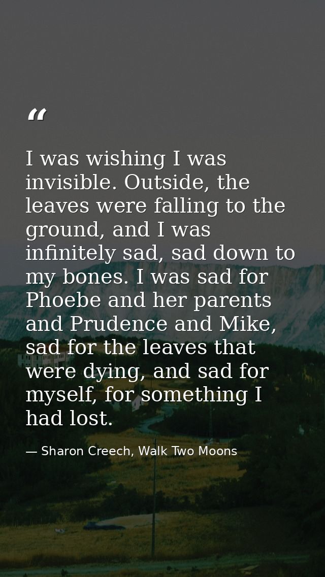 I was wishing I was invisible. Outside, the leaves were falling to the ground, and I was infinitely sad, sad down to my  — Sharon Creech, Walk Two Moons