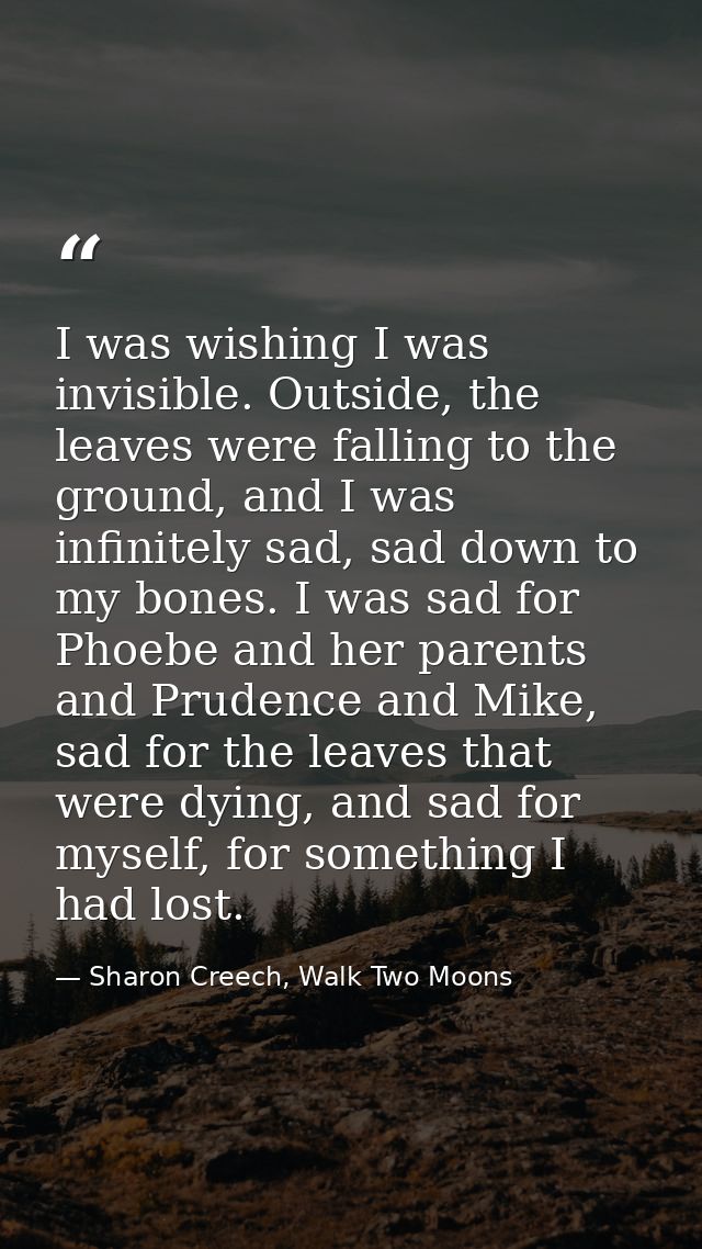 I was wishing I was invisible. Outside, the leaves were falling to the ground, and I was infinitely sad, sad down to my  — Sharon Creech, Walk Two Moons