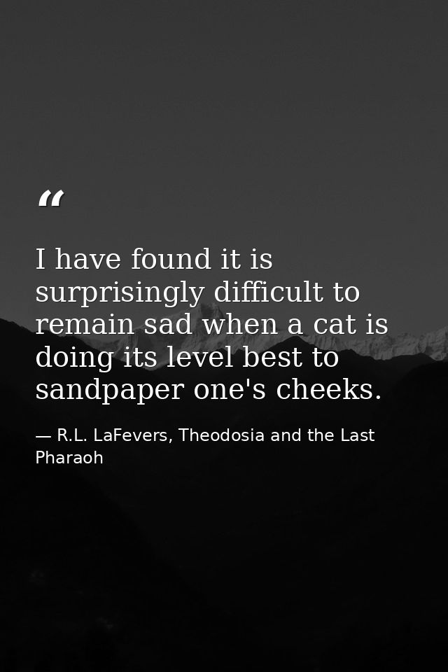 I have found it is surprisingly difficult to remain sad when a cat is doing its level best to sandpaper one's cheeks. — R.L. LaFevers, Theodosia and the Last Pharaoh