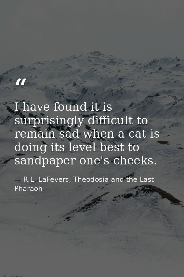 I have found it is surprisingly difficult to remain sad when a cat is doing its level best to sandpaper one's cheeks. — R.L. LaFevers, Theodosia and the Last Pharaoh
