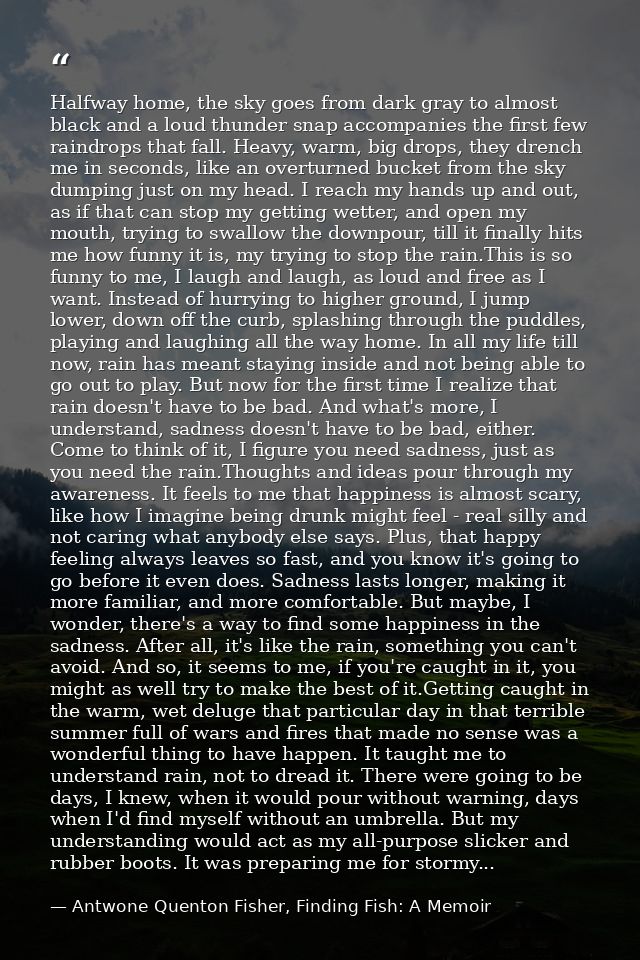 Halfway home, the sky goes from dark gray to almost black and a loud thunder snap accompanies the first few raindrops th — Antwone Quenton Fisher, Finding Fish: A Memoir