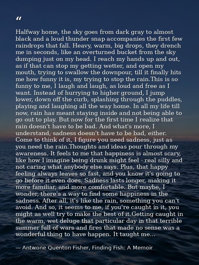 Halfway home, the sky goes from dark gray to almost black and a loud thunder snap accompanies the first few raindrops th — Antwone Quenton Fisher, Finding Fish: A Memoir