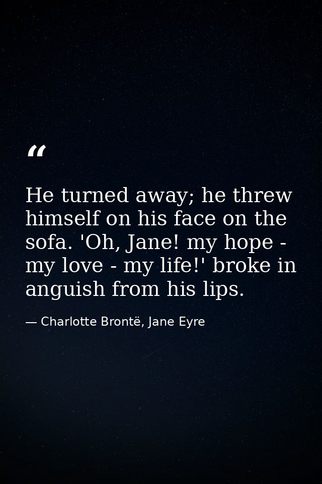 He turned away; he threw himself on his face on the sofa. 'Oh, Jane! my hope - my love - my life!' broke in anguish from — Charlotte Brontë, Jane Eyre