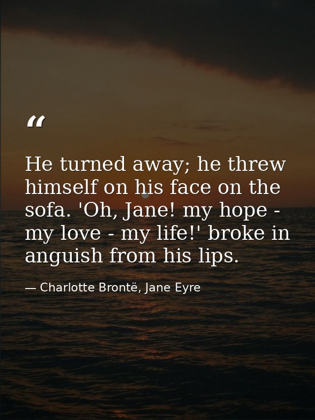 He turned away; he threw himself on his face on the sofa. 'Oh, Jane! my hope - my love - my life!' broke in anguish from — Charlotte Brontë, Jane Eyre