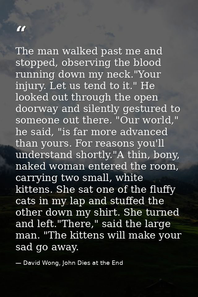 The man walked past me and stopped, observing the blood running down my neck."Your injury. Let us tend to it." He looked — David Wong, John Dies at the End