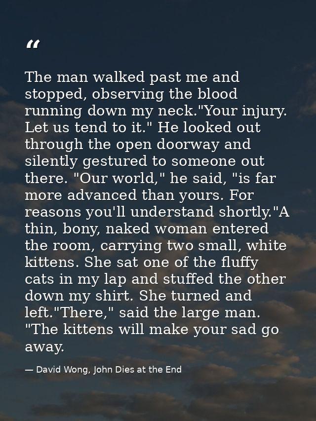 The man walked past me and stopped, observing the blood running down my neck."Your injury. Let us tend to it." He looked — David Wong, John Dies at the End
