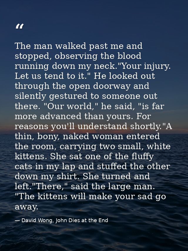 The man walked past me and stopped, observing the blood running down my neck."Your injury. Let us tend to it." He looked — David Wong, John Dies at the End