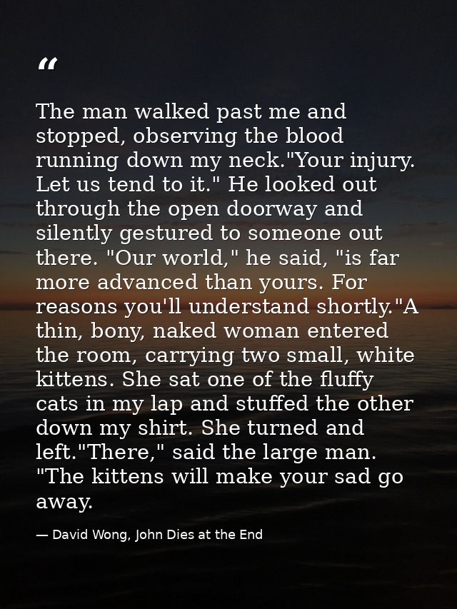 The man walked past me and stopped, observing the blood running down my neck."Your injury. Let us tend to it." He looked — David Wong, John Dies at the End