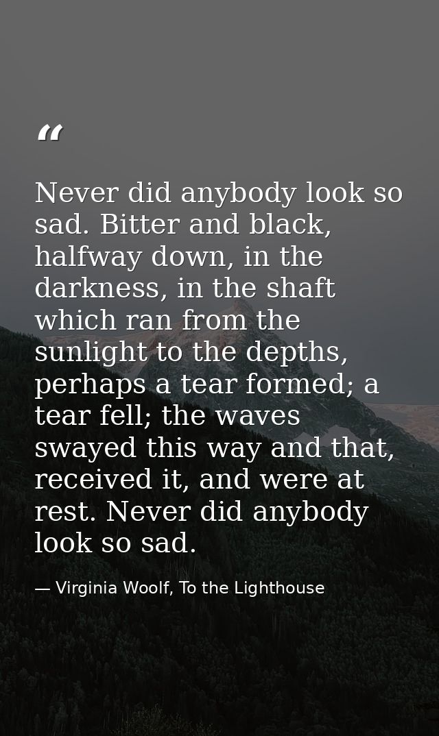 Never did anybody look so sad. Bitter and black, halfway down, in the darkness, in the shaft which ran from the sunlight — Virginia Woolf, To the Lighthouse