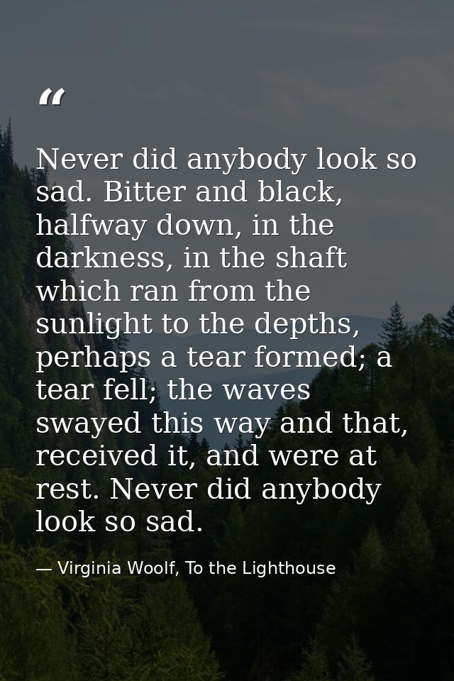Never did anybody look so sad. Bitter and black, halfway down, in the darkness, in the shaft which ran from the sunlight — Virginia Woolf, To the Lighthouse