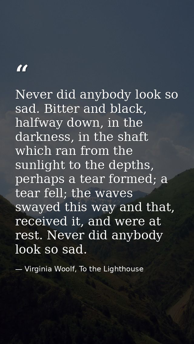 Never did anybody look so sad. Bitter and black, halfway down, in the darkness, in the shaft which ran from the sunlight — Virginia Woolf, To the Lighthouse