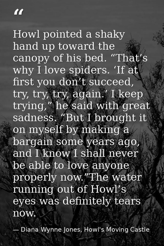 Howl pointed a shaky hand up toward the canopy of his bed. “That’s why I love spiders. ‘If at first you don’t succeed, t — Diana Wynne Jones, Howl's Moving Castle