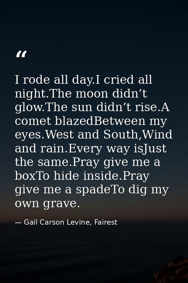 I rode all day.I cried all night.The moon didn’t glow.The sun didn’t rise.A comet blazedBetween my eyes.West and South,W — Gail Carson Levine, Fairest