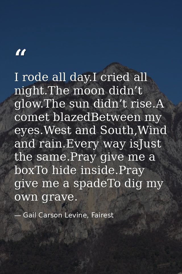 I rode all day.I cried all night.The moon didn’t glow.The sun didn’t rise.A comet blazedBetween my eyes.West and South,W — Gail Carson Levine, Fairest