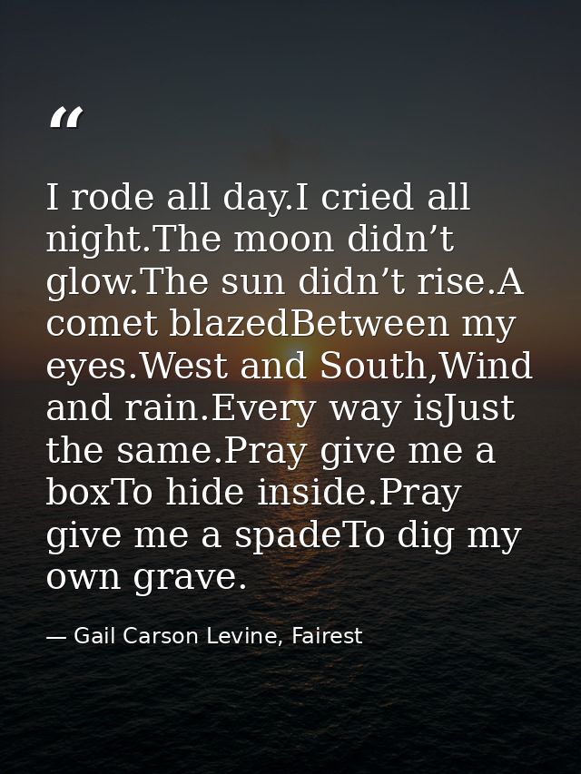 I rode all day.I cried all night.The moon didn’t glow.The sun didn’t rise.A comet blazedBetween my eyes.West and South,W — Gail Carson Levine, Fairest