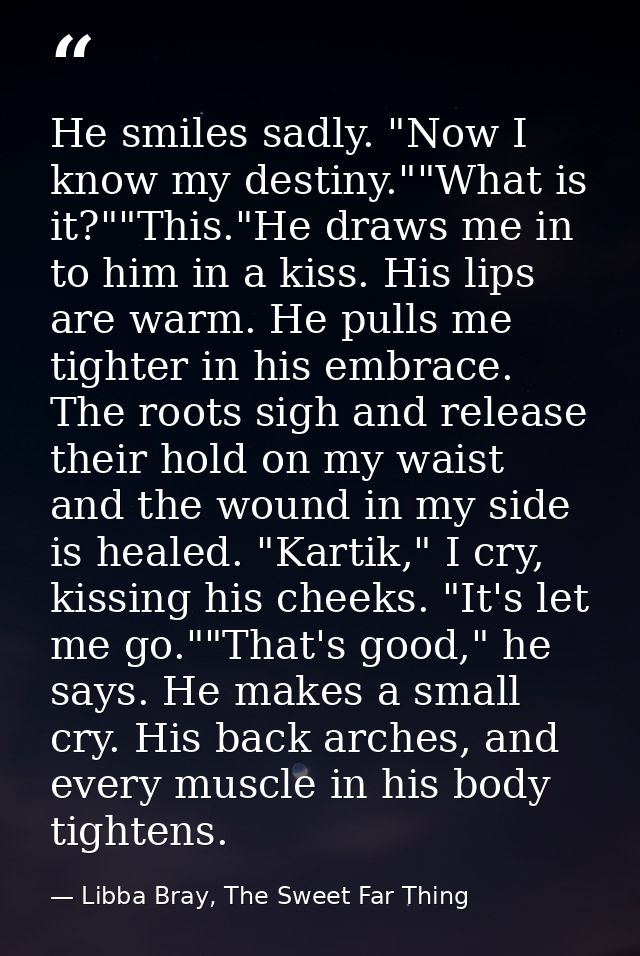 He smiles sadly. "Now I know my destiny.""What is it?""This."He draws me in to him in a kiss. His lips are warm. He pull — Libba Bray, The Sweet Far Thing