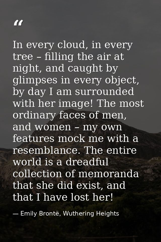 In every cloud, in every tree – filling the air at night, and caught by glimpses in every object, by day I am surrounded — Emily Brontë, Wuthering Heights