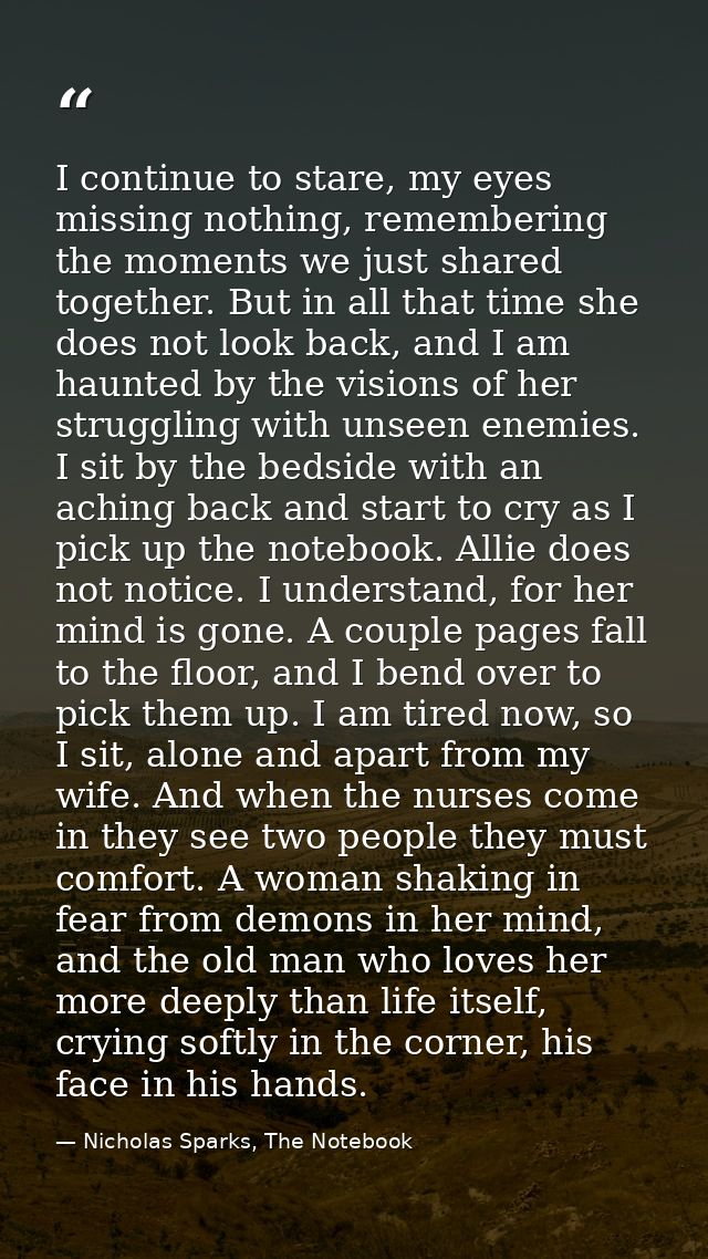 I continue to stare, my eyes missing nothing, remembering the moments we just shared together. But in all that time she  — Nicholas Sparks, The Notebook