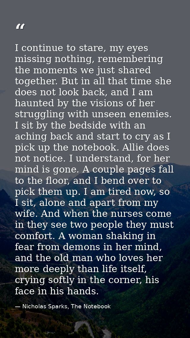 I continue to stare, my eyes missing nothing, remembering the moments we just shared together. But in all that time she  — Nicholas Sparks, The Notebook