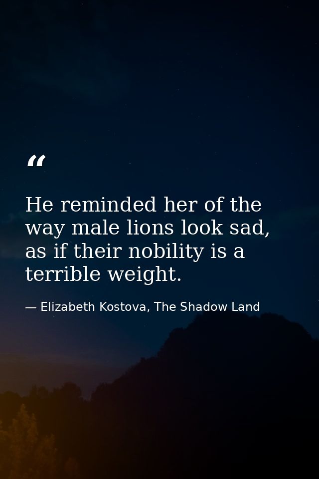 He reminded her of the way male lions look sad, as if their nobility is a terrible weight. — Elizabeth Kostova, The Shadow Land