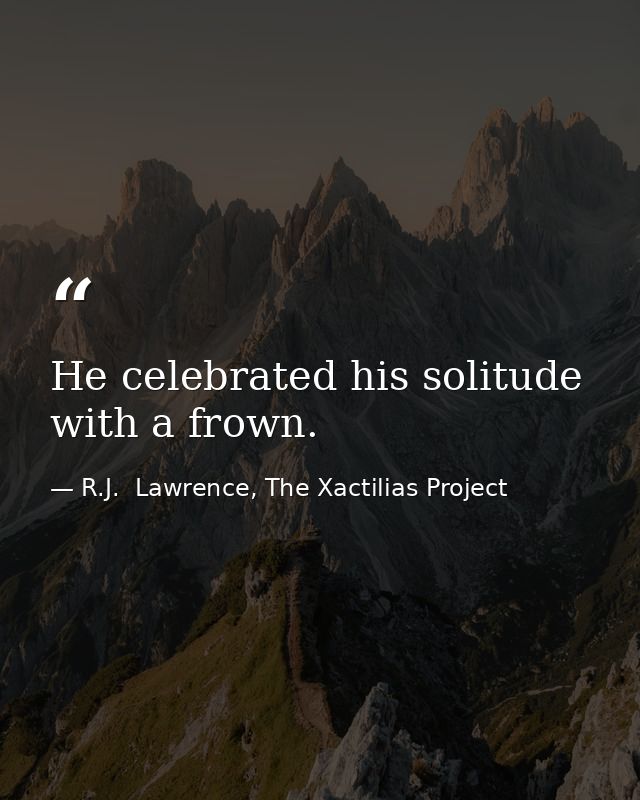 He celebrated his solitude with a frown. — R.J.  Lawrence, The Xactilias Project