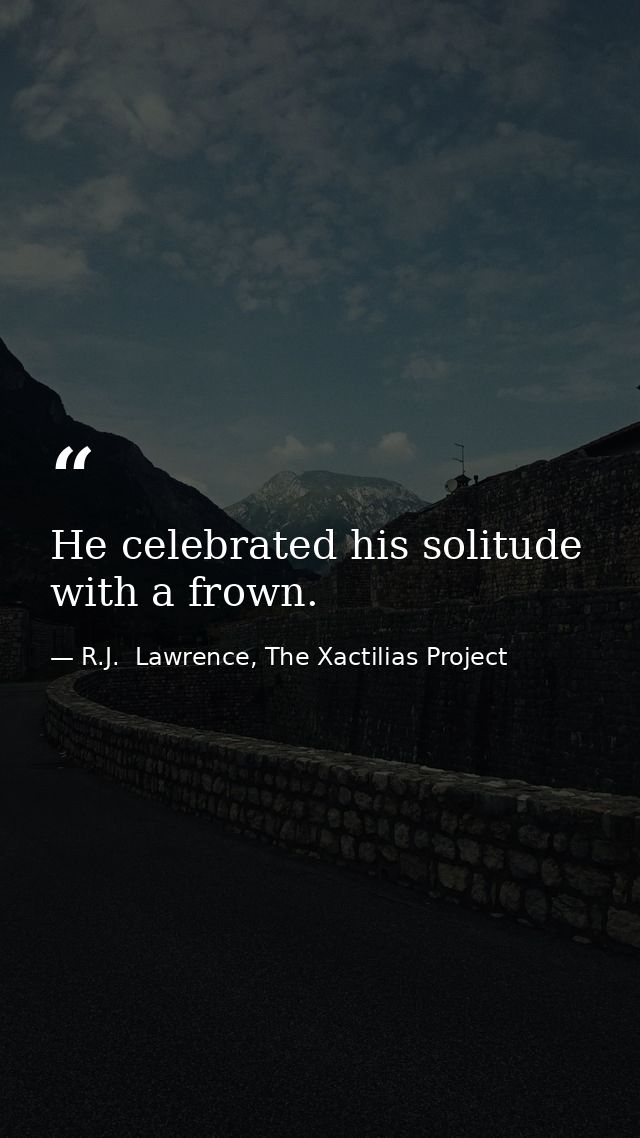 He celebrated his solitude with a frown. — R.J.  Lawrence, The Xactilias Project