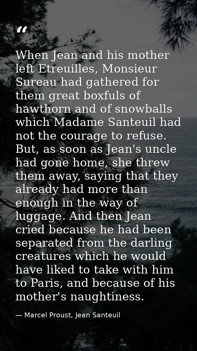 When Jean and his mother left Etreuilles, Monsieur Sureau had gathered for them great boxfuls of hawthorn and of snowbal — Marcel Proust, Jean Santeuil