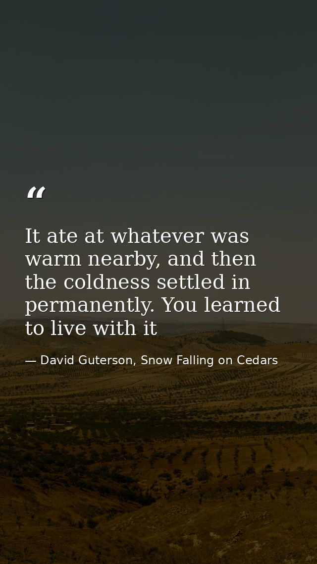 It ate at whatever was warm nearby, and then the coldness settled in permanently. You learned to live with it — David Guterson, Snow Falling on Cedars