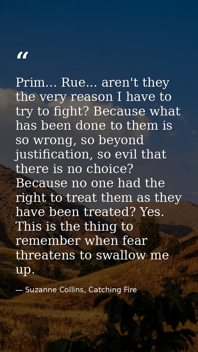 Prim... Rue... aren't they the very reason I have to try to fight? Because what has been done to them is so wrong, so be — Suzanne Collins, Catching Fire