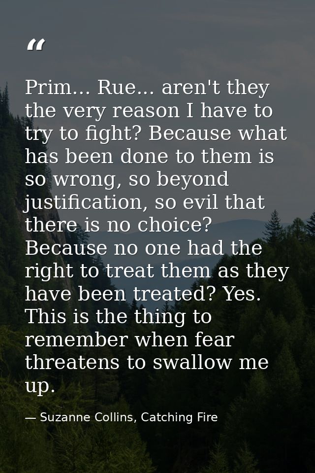 Prim... Rue... aren't they the very reason I have to try to fight? Because what has been done to them is so wrong, so be — Suzanne Collins, Catching Fire