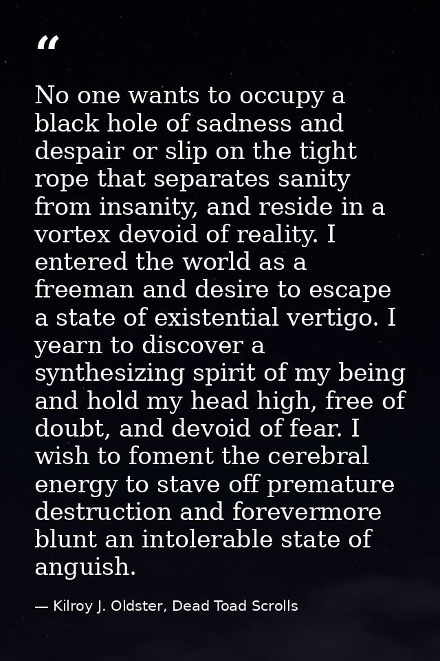 No one wants to occupy a black hole of sadness and despair or slip on the tight rope that separates sanity from insanity — Kilroy J. Oldster, Dead Toad Scrolls