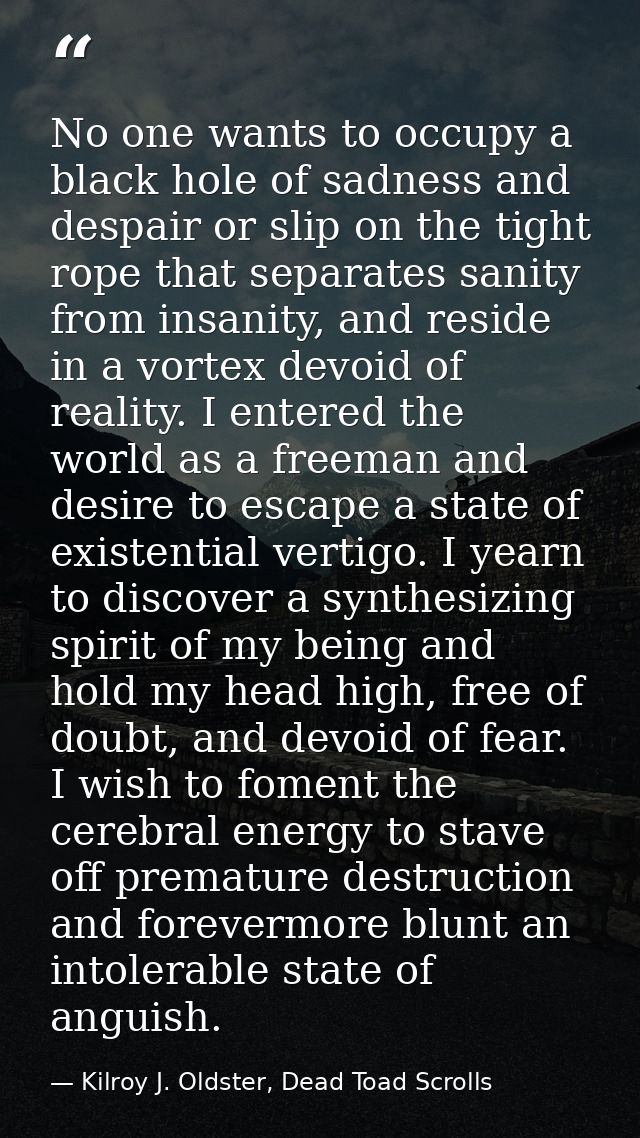 No one wants to occupy a black hole of sadness and despair or slip on the tight rope that separates sanity from insanity — Kilroy J. Oldster, Dead Toad Scrolls