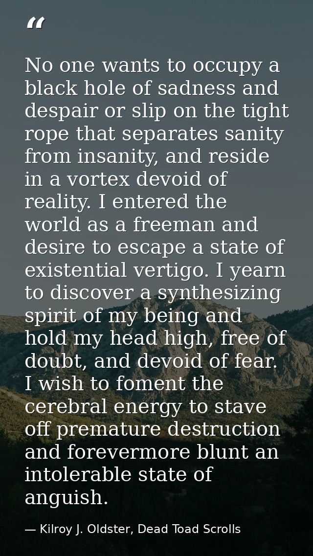 No one wants to occupy a black hole of sadness and despair or slip on the tight rope that separates sanity from insanity — Kilroy J. Oldster, Dead Toad Scrolls