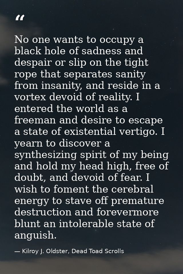 No one wants to occupy a black hole of sadness and despair or slip on the tight rope that separates sanity from insanity — Kilroy J. Oldster, Dead Toad Scrolls