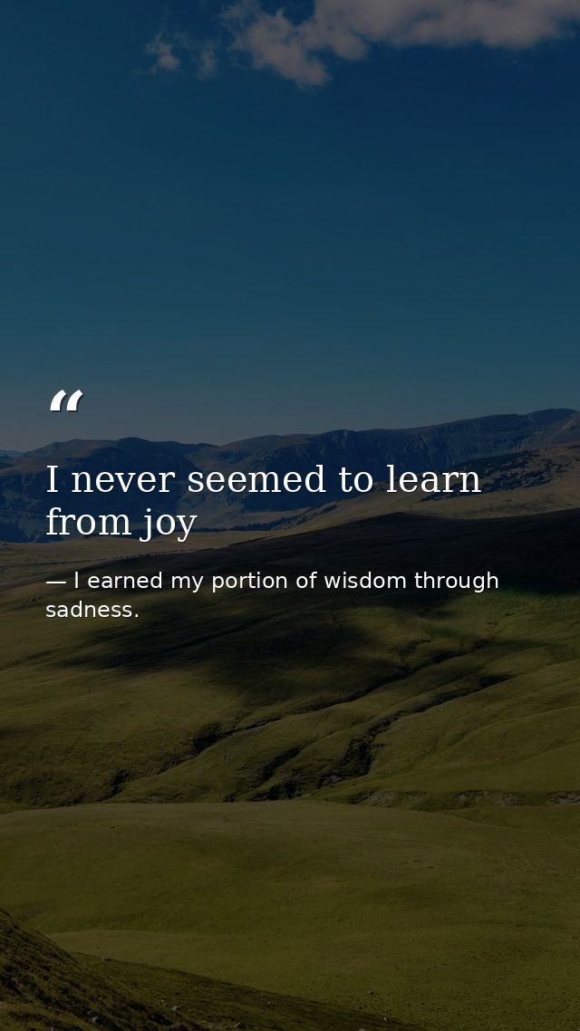 I never seemed to learn from joy — I earned my portion of wisdom through sadness.