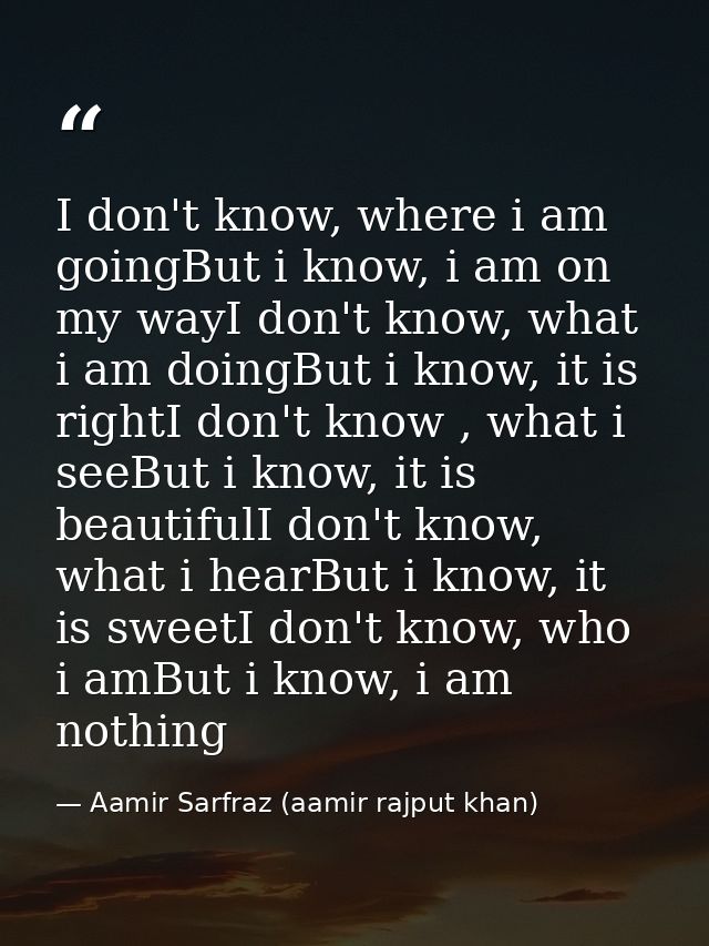 I don't know, where i am goingBut i know, i am on my wayI don't know, what i am doingBut i know, it is rightI don't know — Aamir Sarfraz (aamir rajput khan)