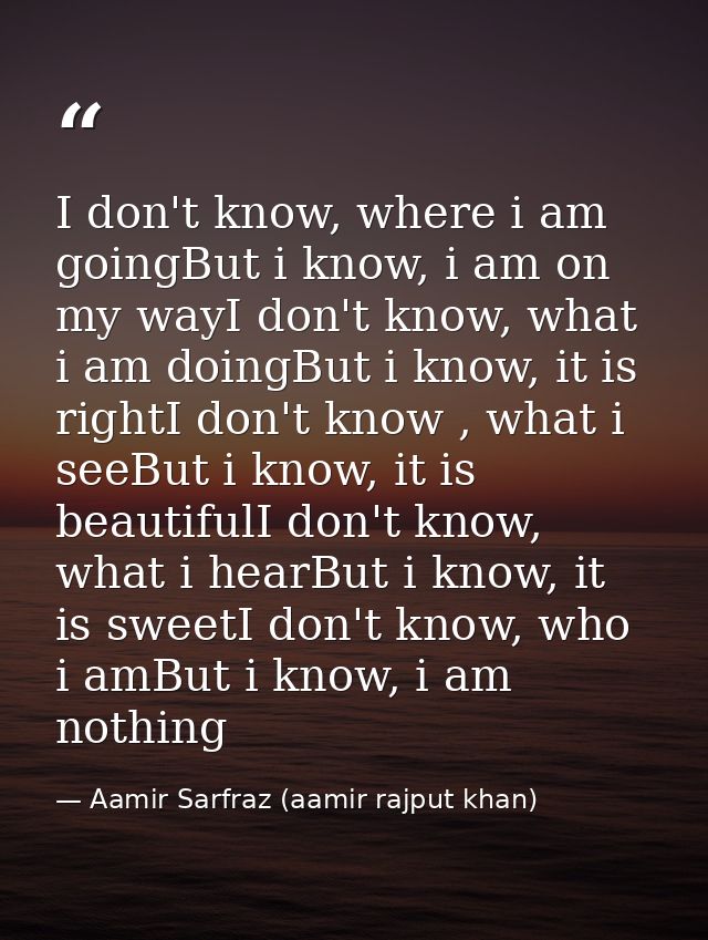I don't know, where i am goingBut i know, i am on my wayI don't know, what i am doingBut i know, it is rightI don't know — Aamir Sarfraz (aamir rajput khan)