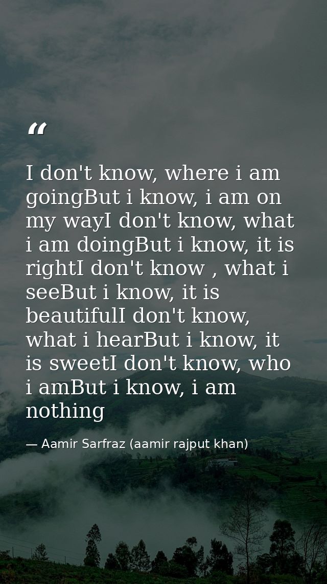 I don't know, where i am goingBut i know, i am on my wayI don't know, what i am doingBut i know, it is rightI don't know — Aamir Sarfraz (aamir rajput khan)